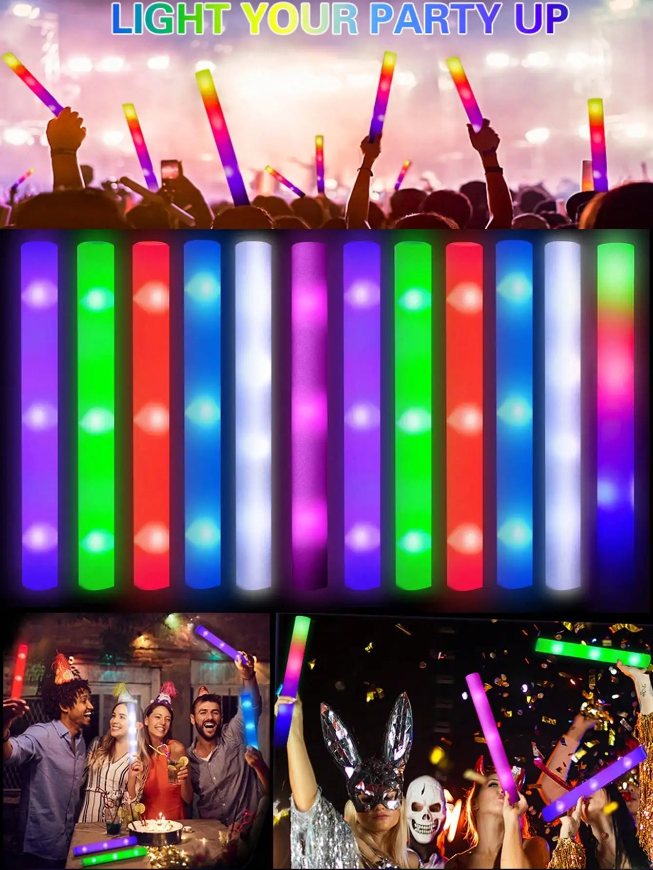 20/30pcs LED Foam Glow Sticks Cheer Tube Wedding Baton Wands 3 Modes Flashing Strobe Stick Glow in The Dark Party Supplies