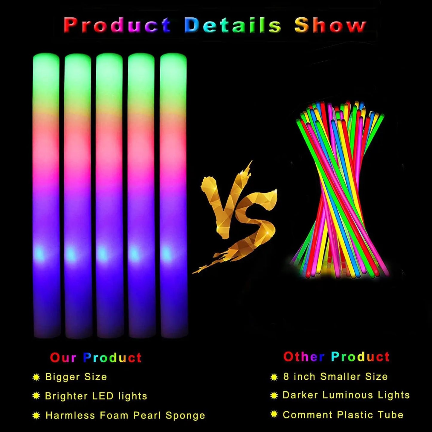 30Pcs Foam Glow Sticks with 3 Modes Colorful Led Flashing Glow Stick Glow in The Dark Party Supplies for Wedding Raves Concert