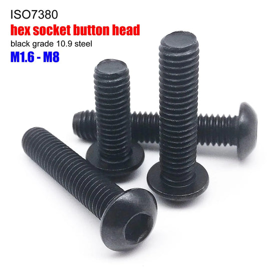 10/50pcs M1.6 M2 M2.5 M3 M4 M5 M6 M8 Black Grade 10.9 Steel ISO7380 Hexagon Hex Socket Head Button Mushroom Allen Bolt Screw
