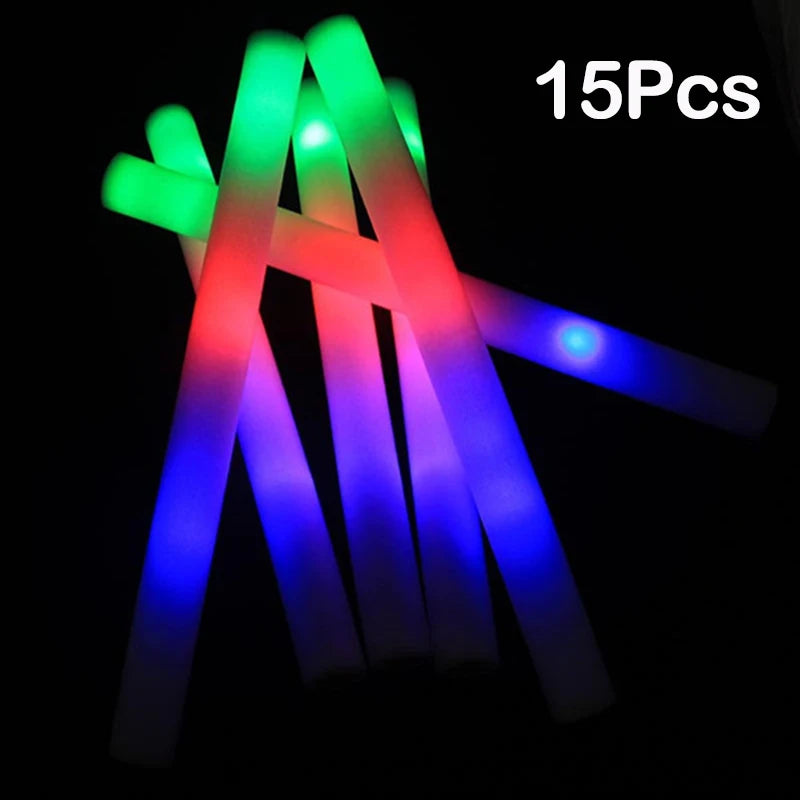 15/30Pcs LED Glow Sticks Bulk Colorful RGB Glow Foam Stick Cheer Tube Dark Light for Xmas Birthday Wedding Party Supplies